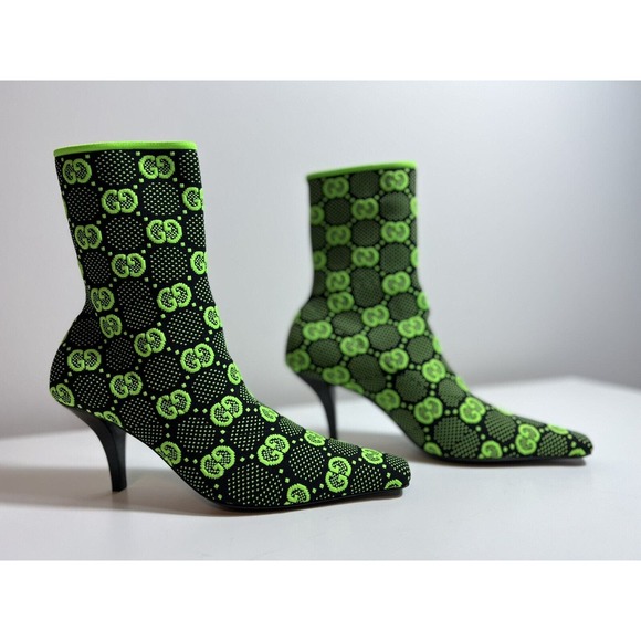 GUCCI 1250$ Women's Black Green GG Knit Ankle Boots - Pointed Toe G EU 37.5 - Picture 8 of 9